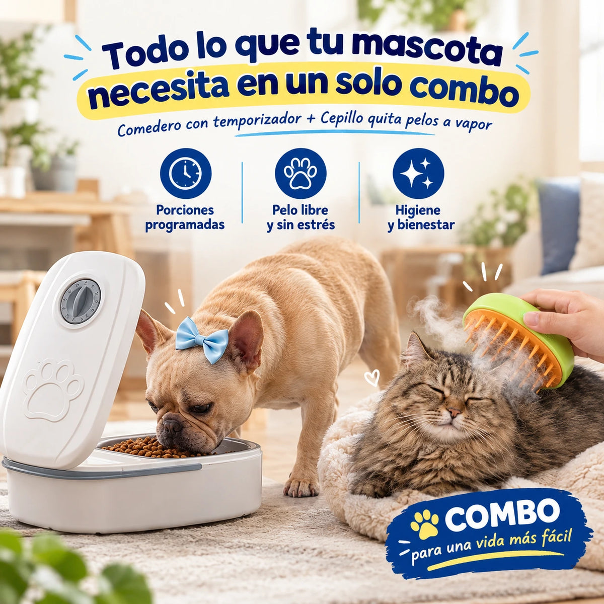 COMEDERO PARA MASCOTAS CON TEMPORIZADOR + CEPILLO A VAPOR RELAJANTE