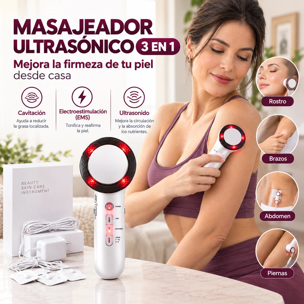MASAJEADOR ULTRASÓNICO 3 EN 1 PARA ROSTRO Y CUERPO