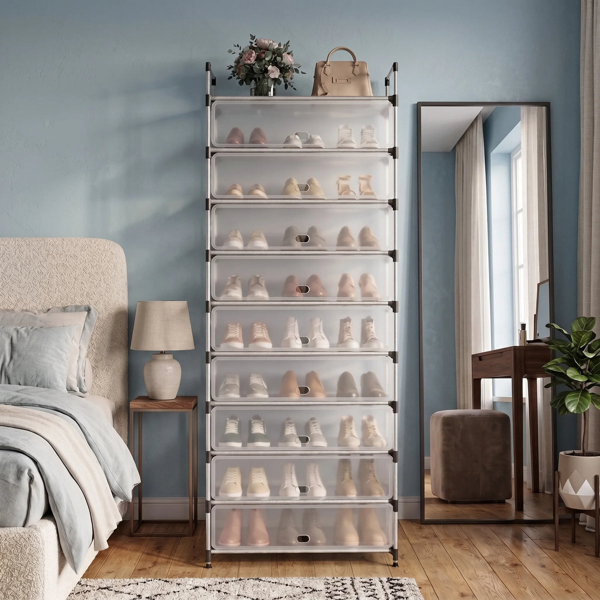 Organizador de zapatos en dormitorio con espejo WebP